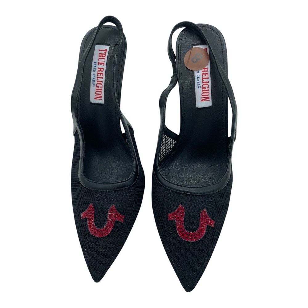 True Religion Womens Black Mesh Rhinestone Horseshoe Slingback Stiletto Heels 8
